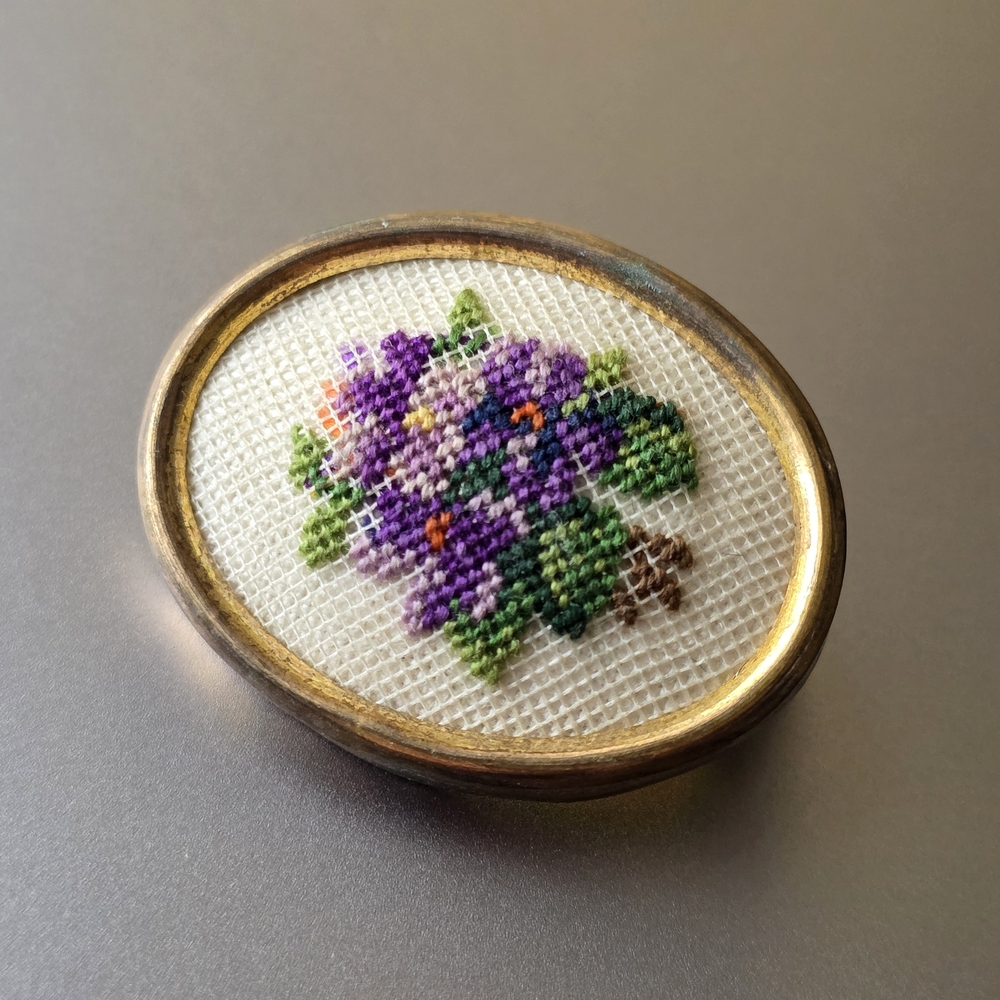 Handcrafted Cross Stitch Floral Brooch - Purple Violets